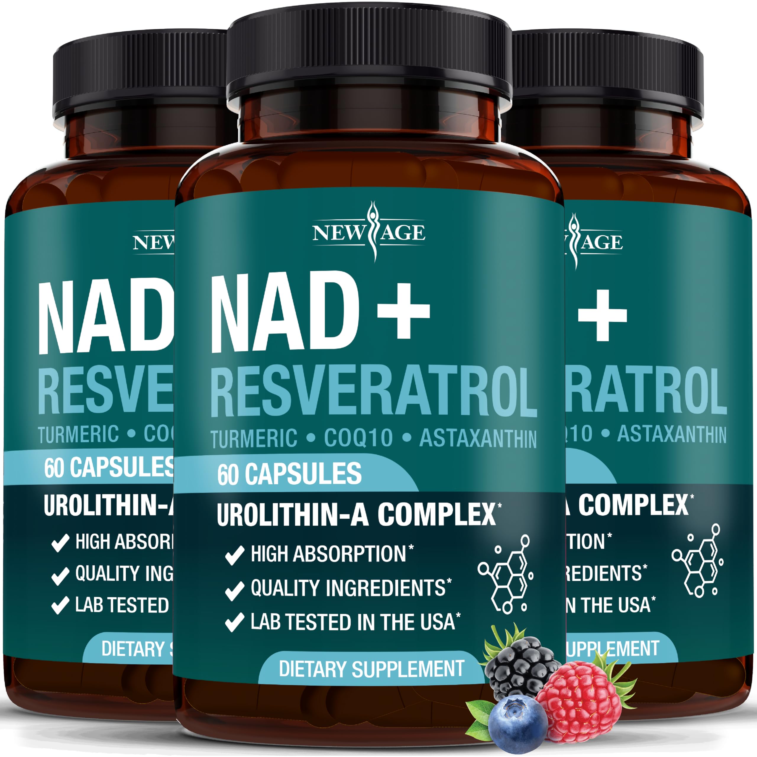NEW AGE NAD+ Plus bottle front highlights daily energy support for vitality