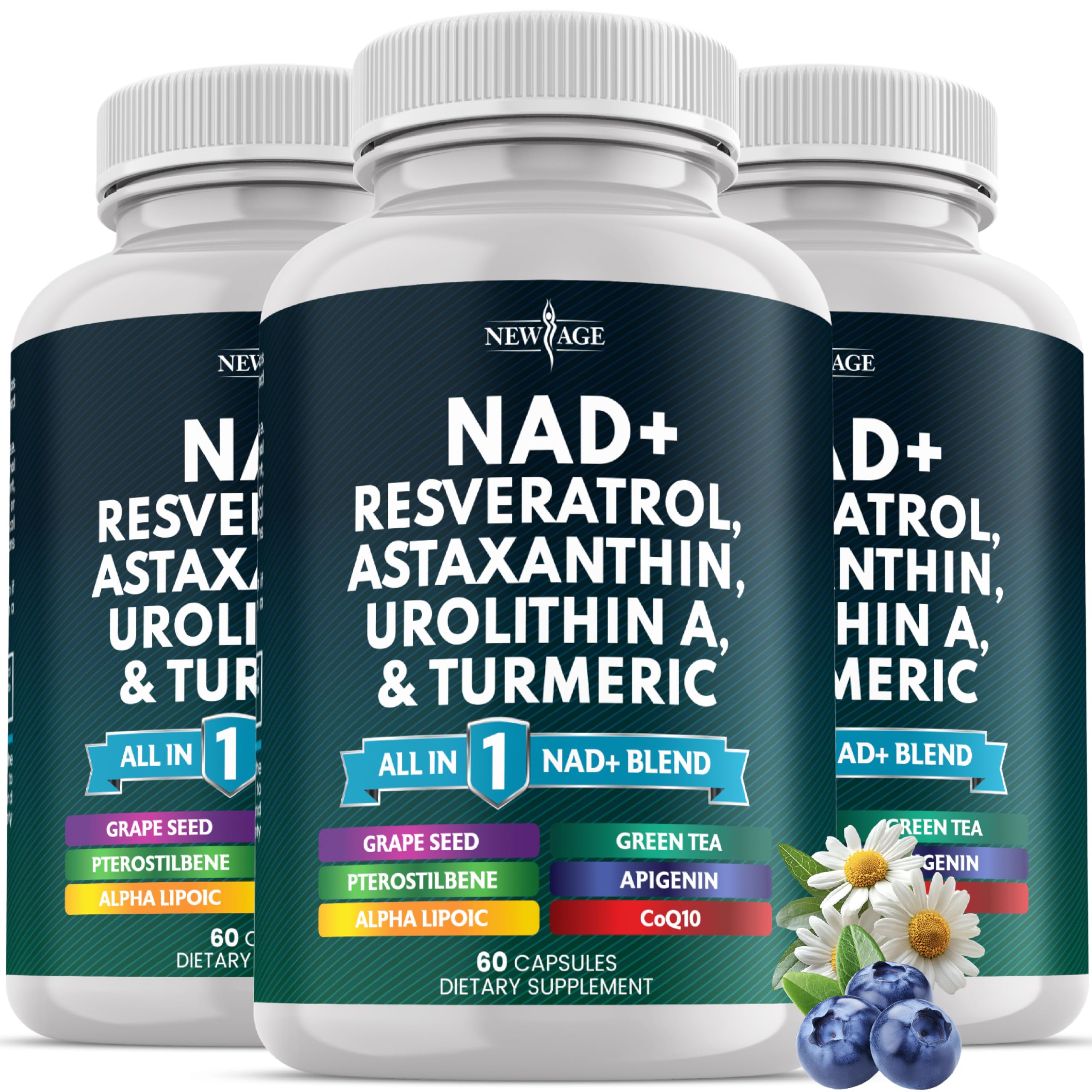 NEW AGE NAD+ bottle front showing vegan, non-GMO formula for cellular energy.