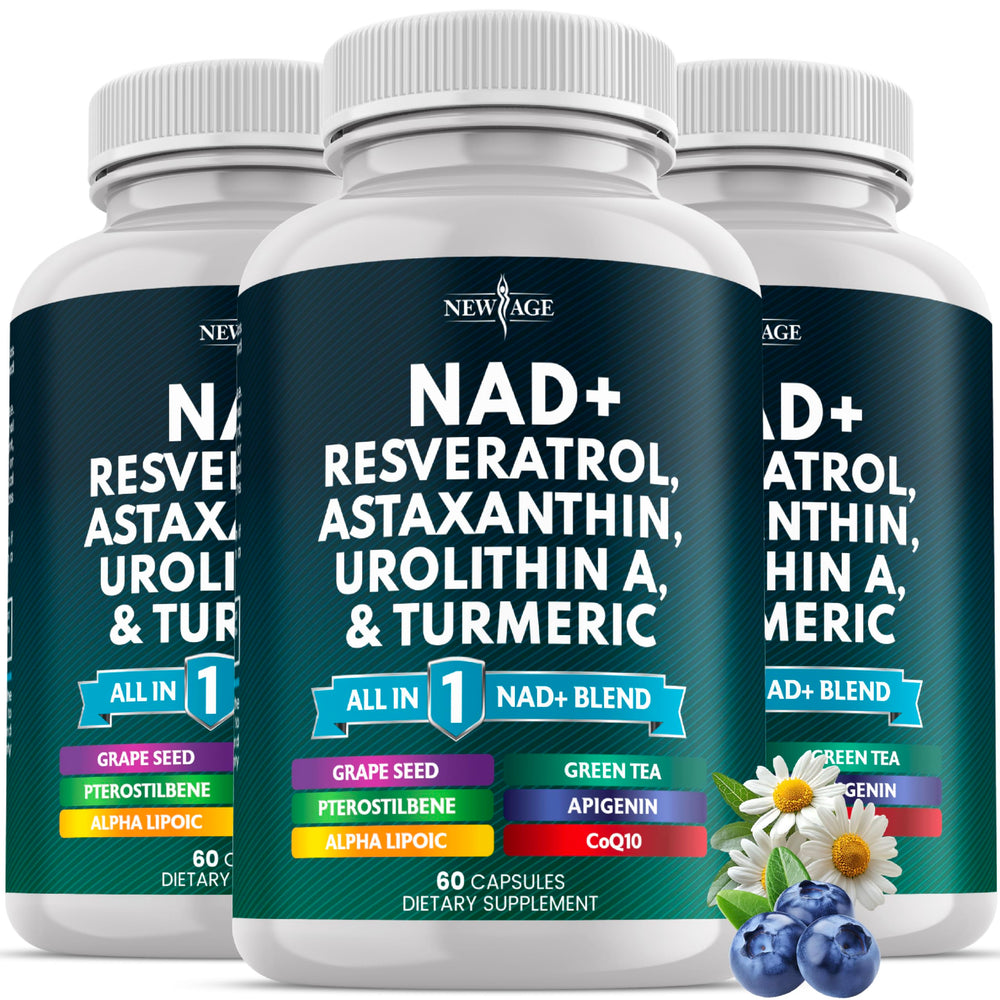 NEW AGE NAD+ bottle front showing vegan, non-GMO formula for cellular energy.
