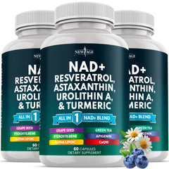 NEW AGE NAD+ bottle front showing vegan, non-GMO formula for cellular energy.