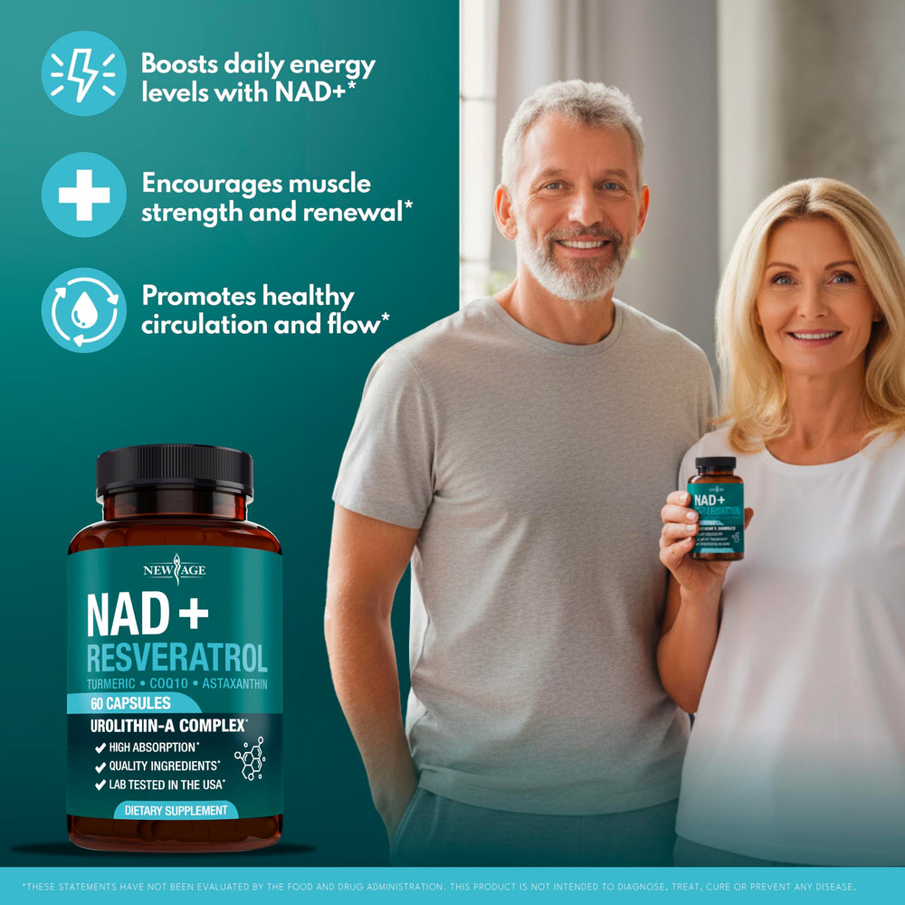 NEW AGE NAD+ Plus bottle side shows easy-to-swallow capsules and clean formula