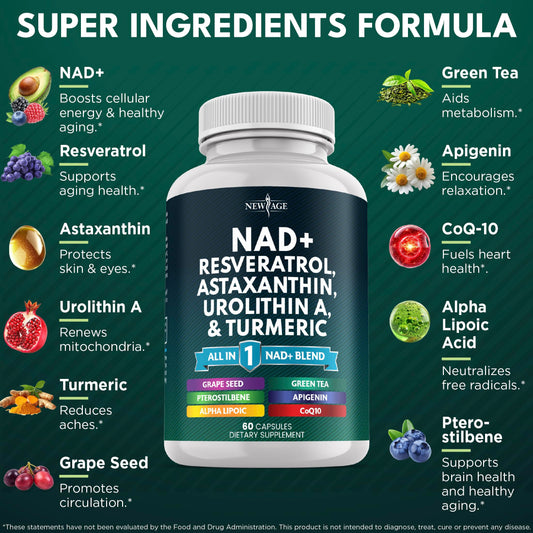 NEW AGE NAD+ capsules closeup highlighting bioavailable absorption.