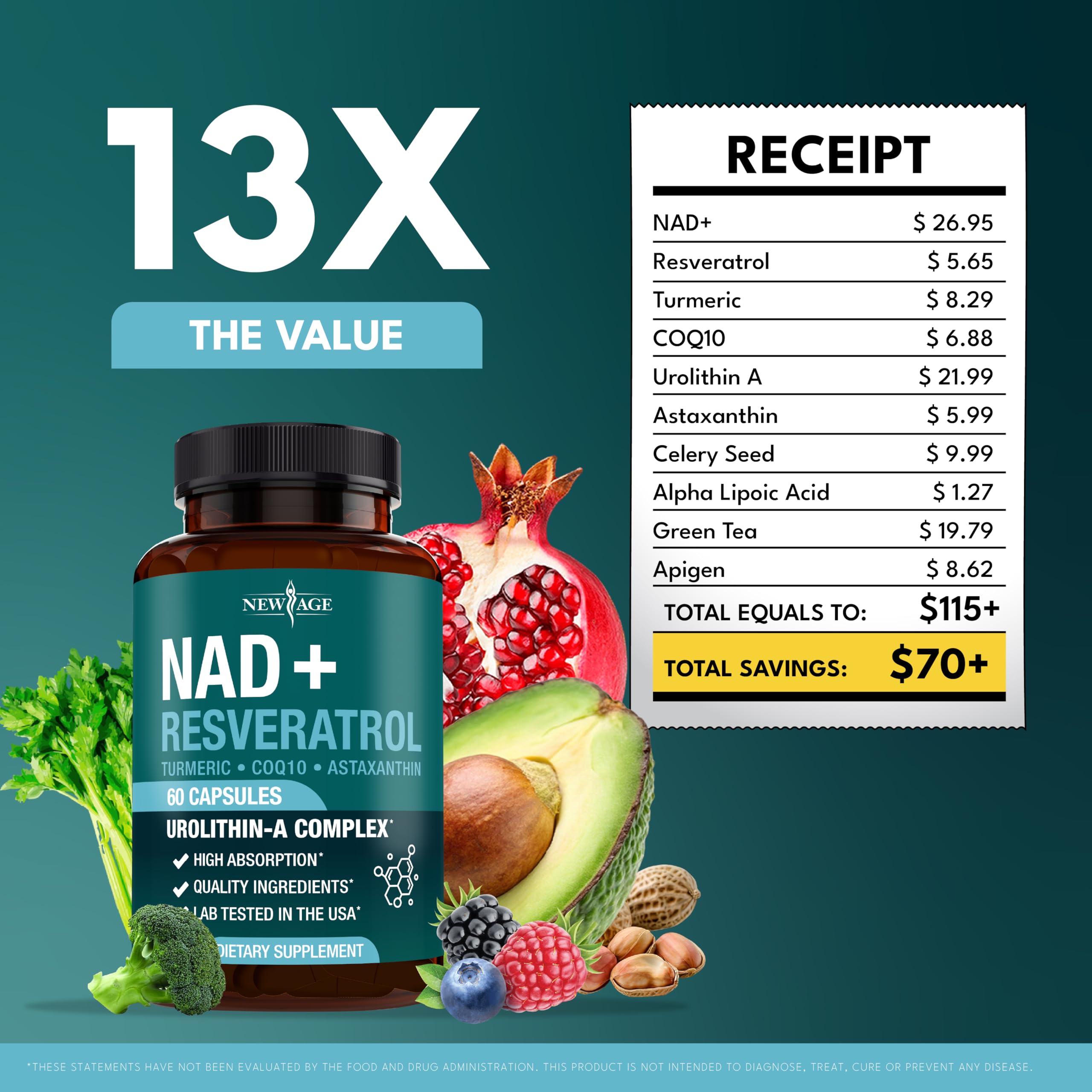 NEW AGE NAD+ Plus label closeup emphasizes antioxidant ingredients and vegan, non-GMO formulation