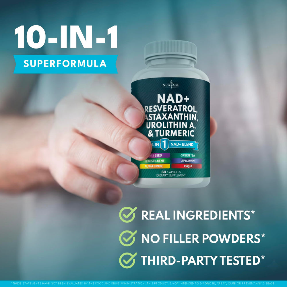NEW AGE NAD+ resveratrol capsule features longevity-inspired polyphenols for balance.