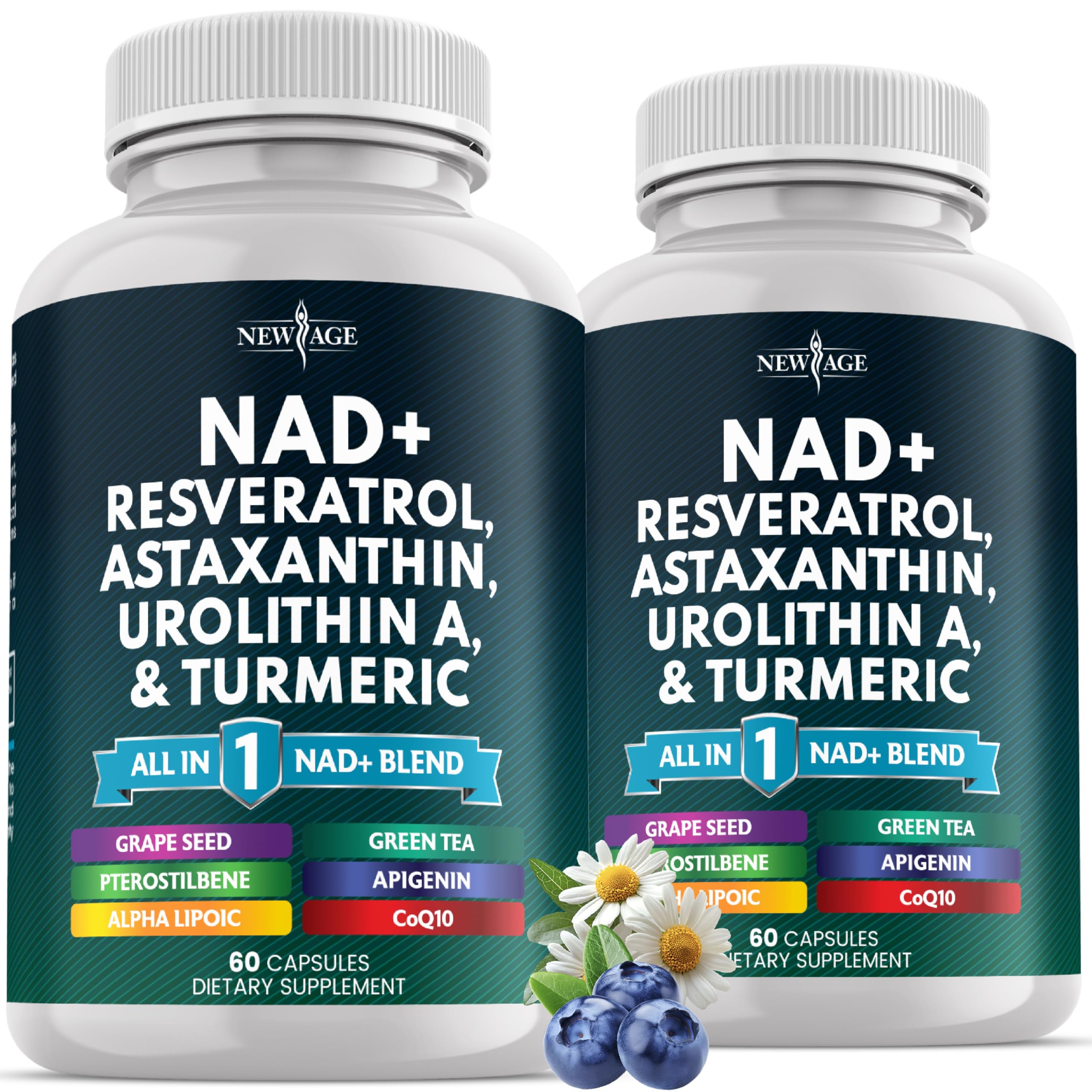 NEW AGE NAD+ supplement bottle front showing vegan, non-GMO formula.