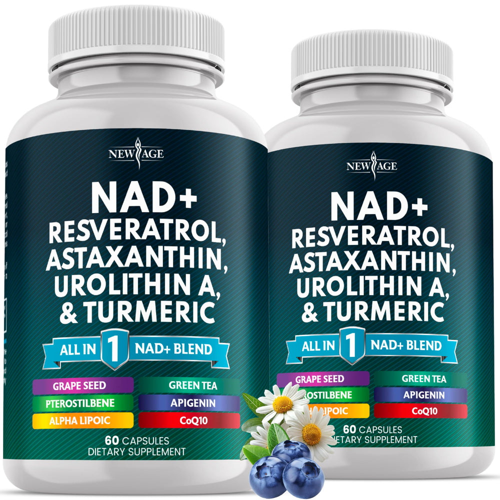 NEW AGE NAD+ supplement bottle front showing vegan, non-GMO formula.