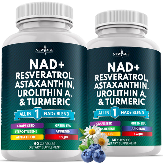 NEW AGE NAD+ supplement bottle front showing vegan, non-GMO formula.
