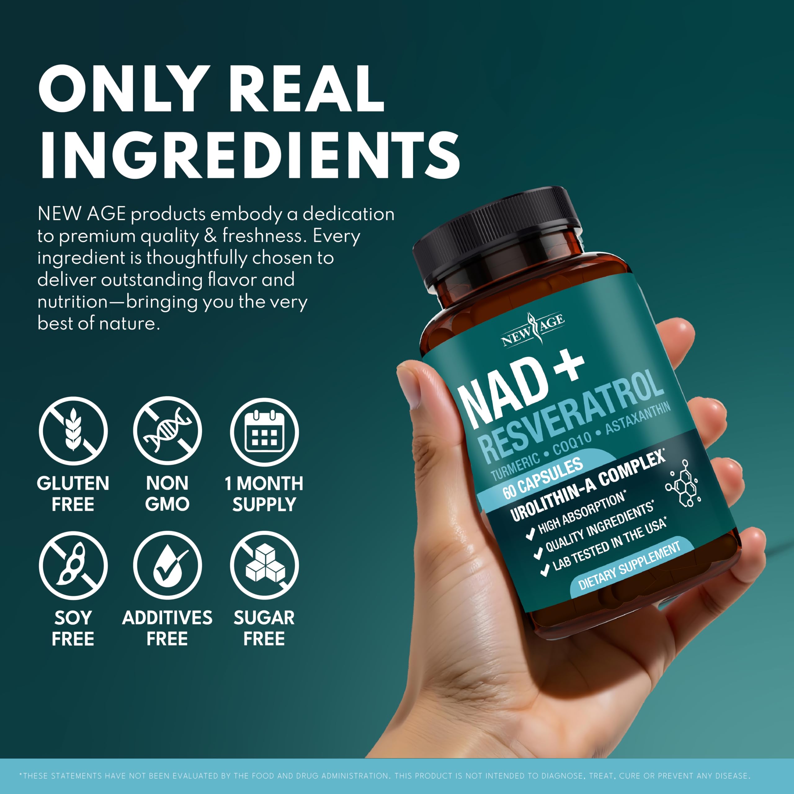 NEW AGE NAD+ Plus supplement facts panel confirms vegan, non-GMO ingredients