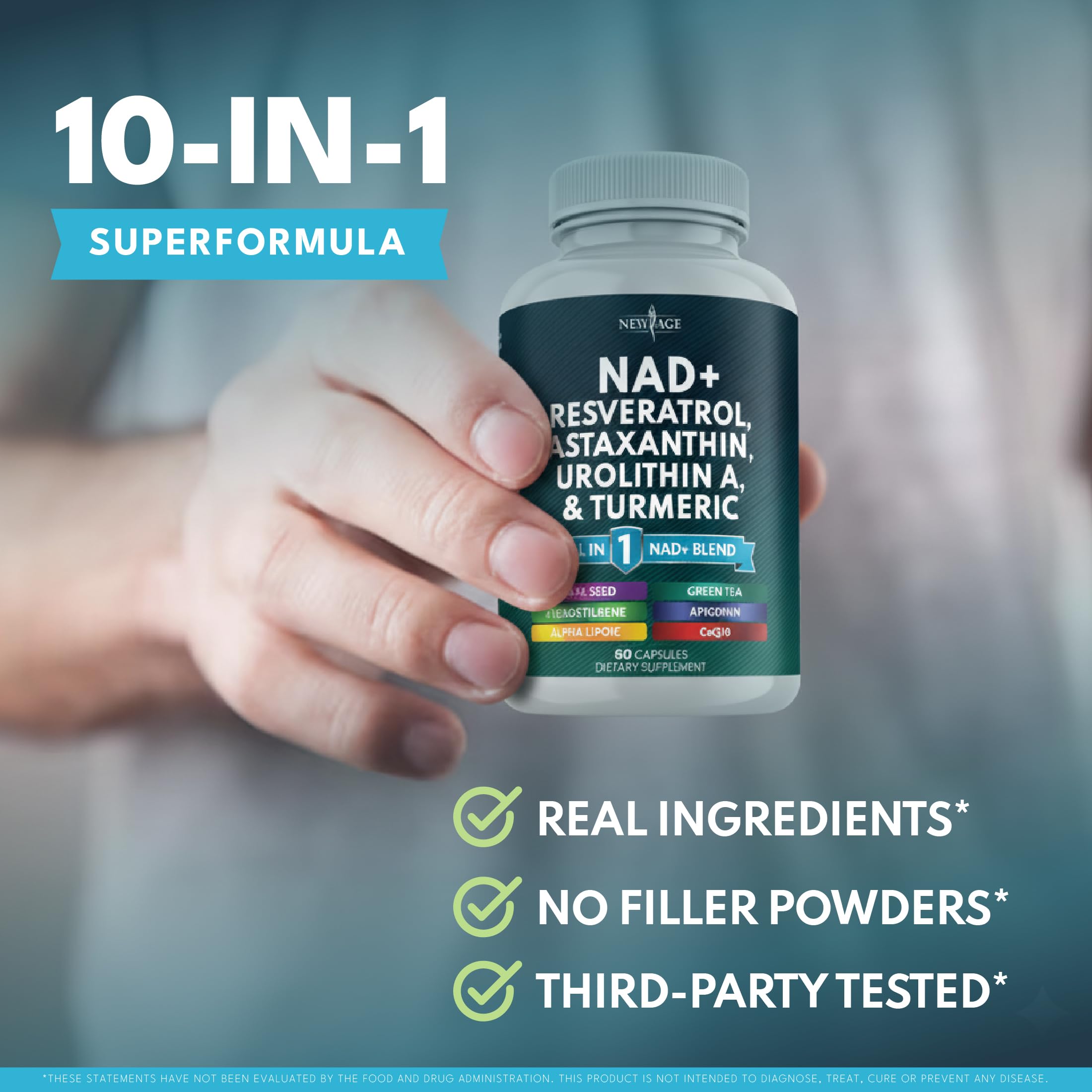 NEW AGE NAD+ product manufactured in USA facility badge.