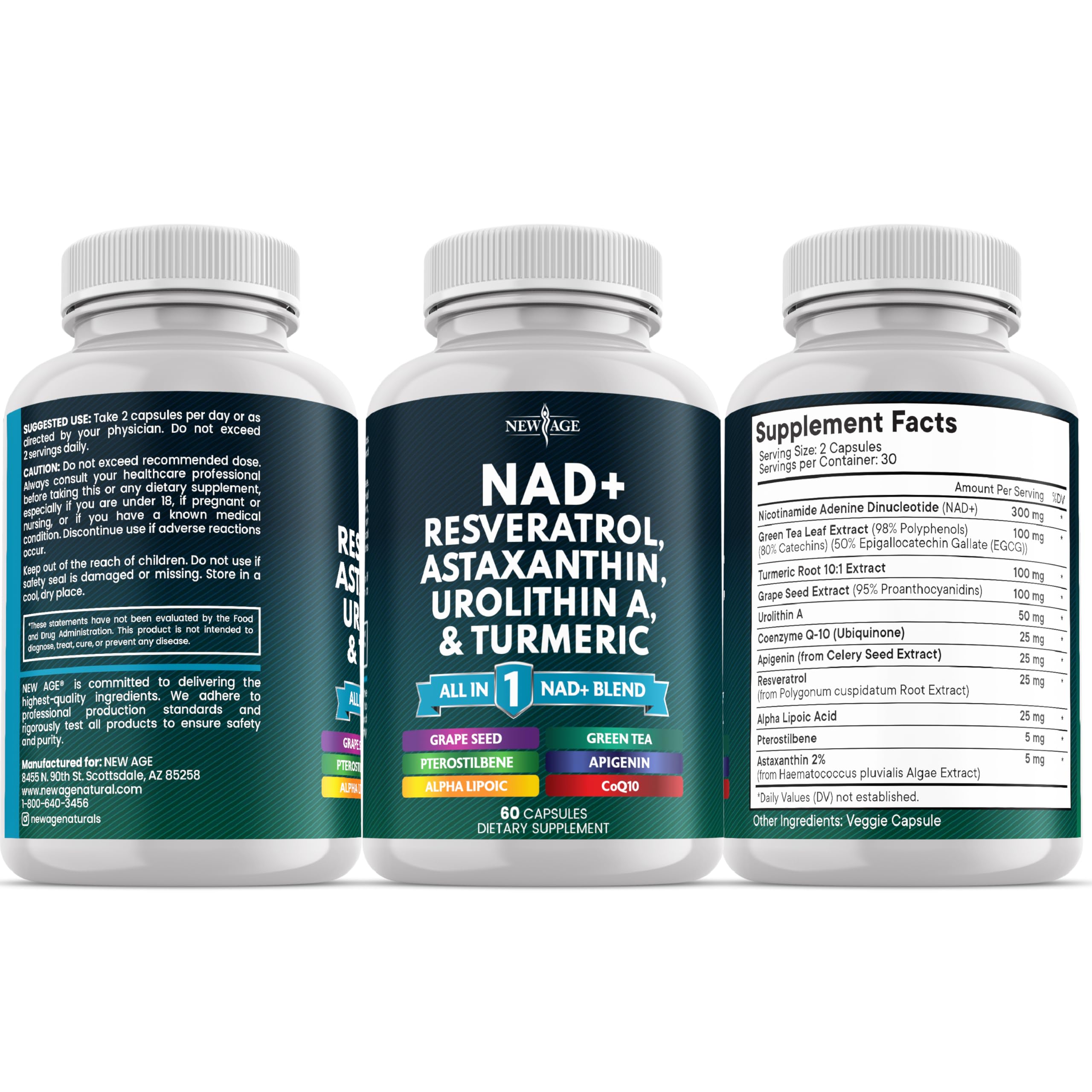 NEW AGE NAD+ vegan and non-GMO label signaling purity.