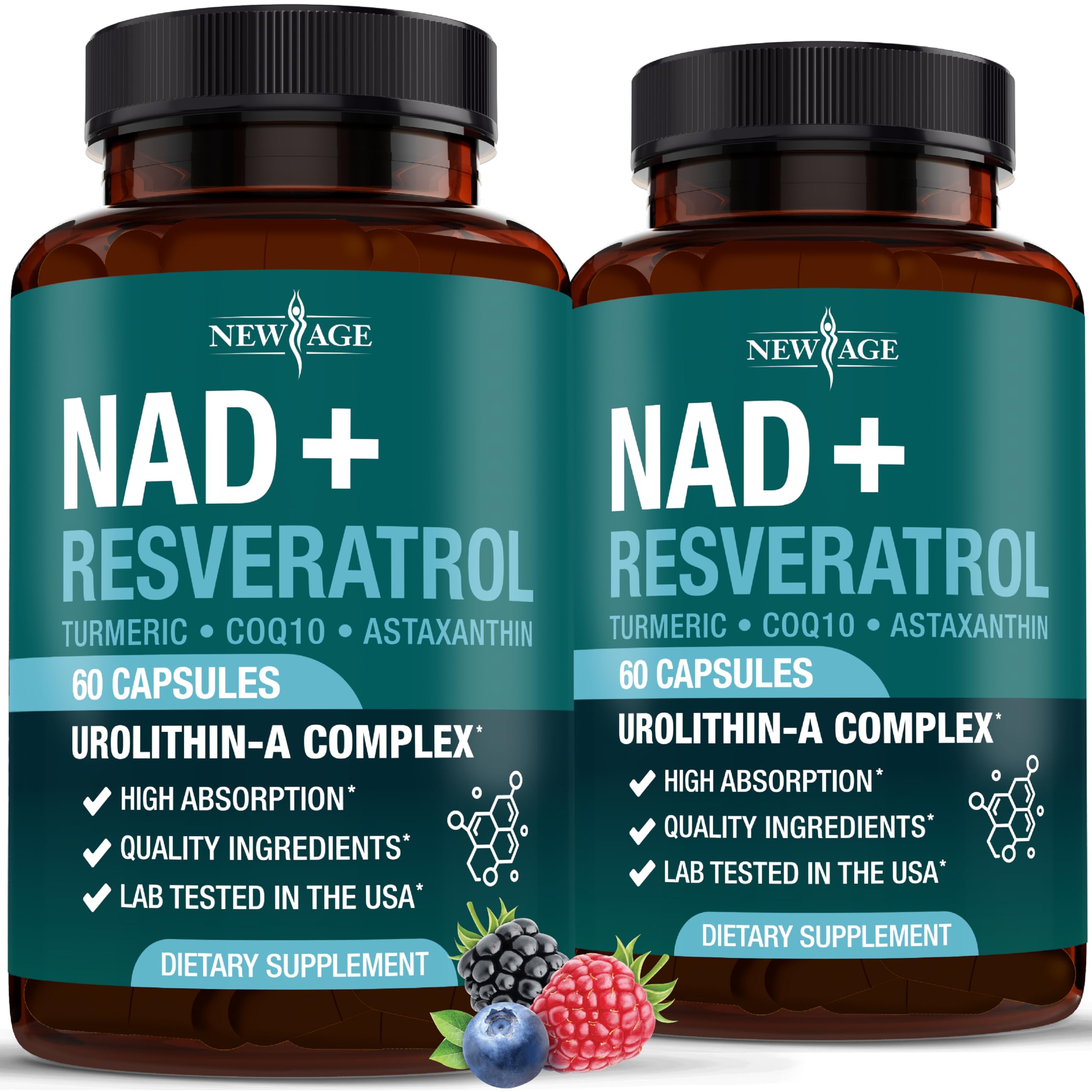 NEW AGE NAD+ supplement bottle showing daily energy support.