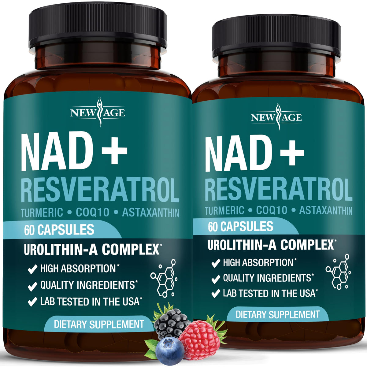 NEW AGE NAD+ supplement bottle showing daily energy support.