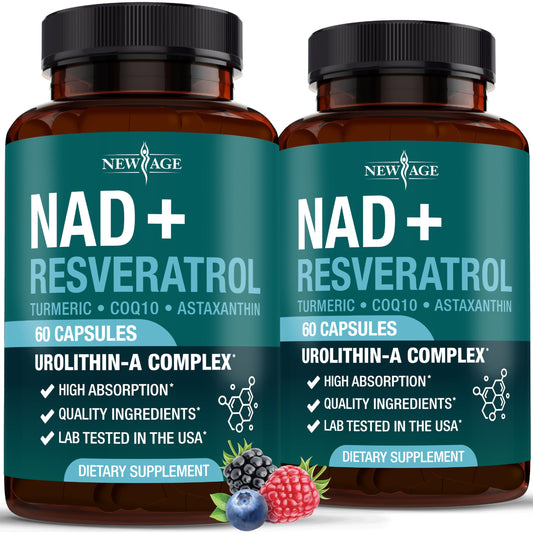 NEW AGE NAD+ supplement bottle showing daily energy support.