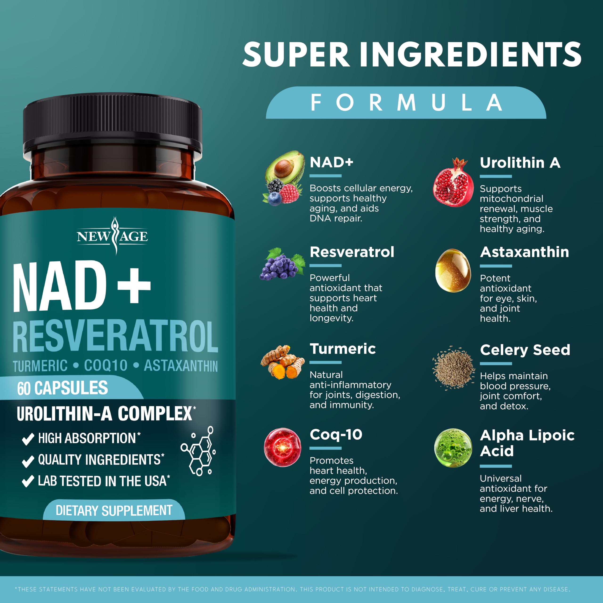 NEW AGE NAD+ capsules featuring urolithin A for everyday vitality.