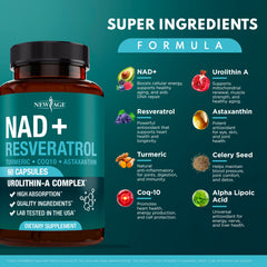 NEW AGE NAD+ capsules featuring urolithin A for everyday vitality.