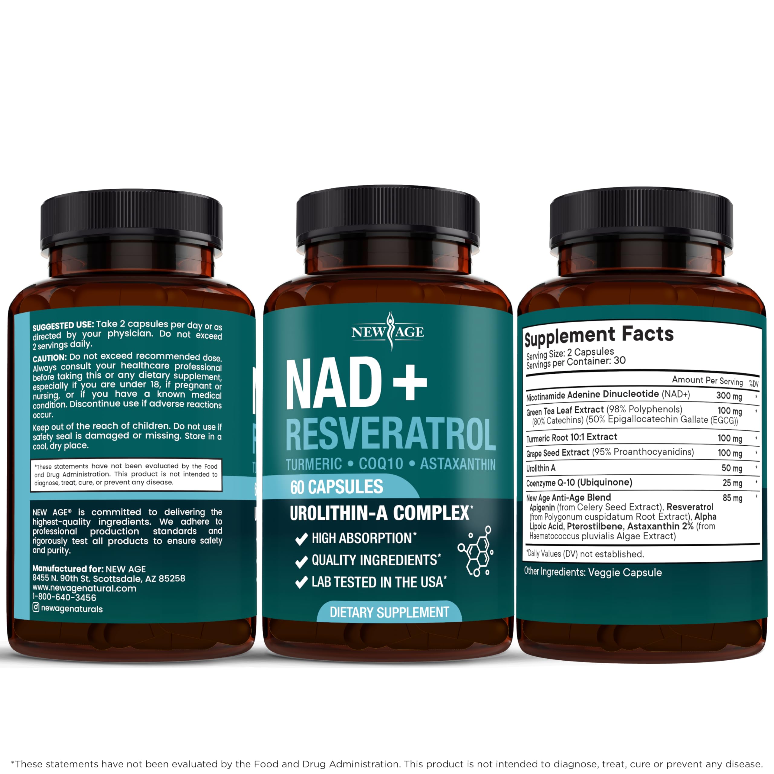 Vegan, non-GMO NEW AGE NAD+ packaging highlights clean ingredients.