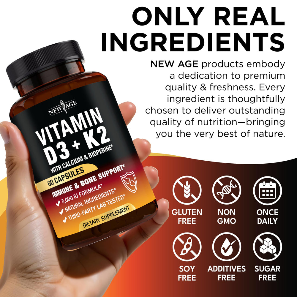 NEW AGE non-GMO verification seal underscores clean ingredient standards.