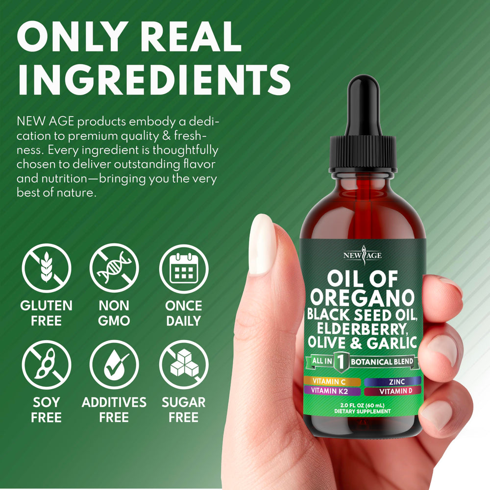 NEW AGE Oil of Oregano Drops black seed oil component closeup for phytonutrients.