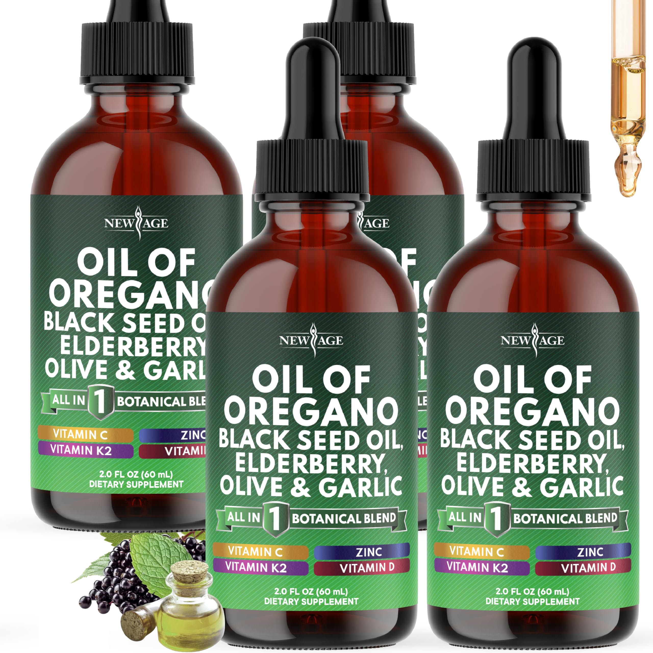 NEW AGE Oil of Oregano Drops bottle closeup displaying immune support blend.