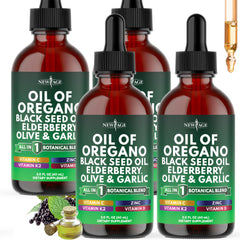 NEW AGE Oil of Oregano Drops bottle closeup displaying immune support blend.