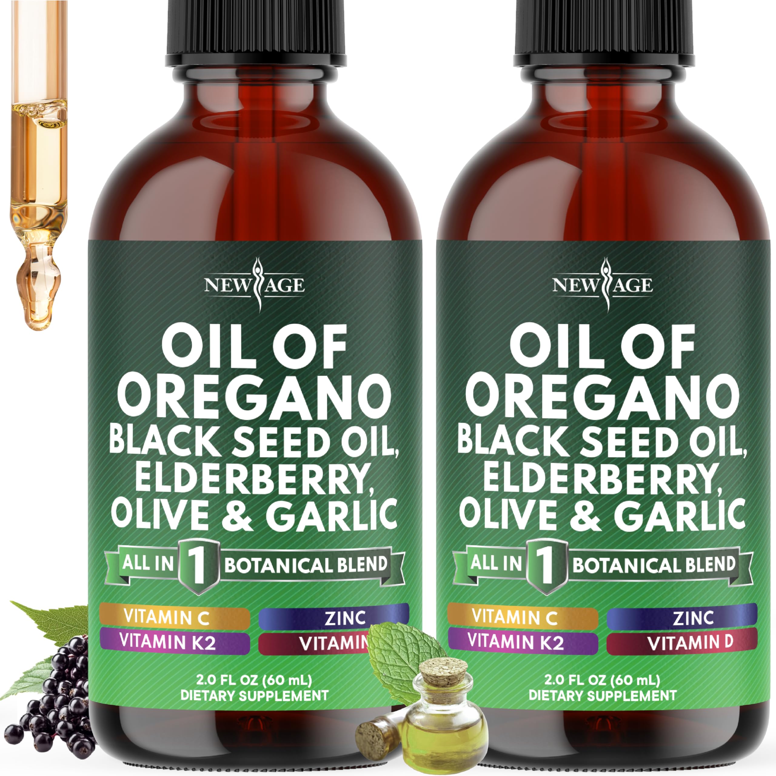 NEW AGE Oil of Oregano Drops bottle pouring for easy dosing.