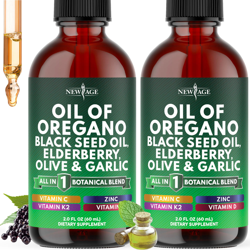 NEW AGE Oil of Oregano Drops bottle pouring for easy dosing.