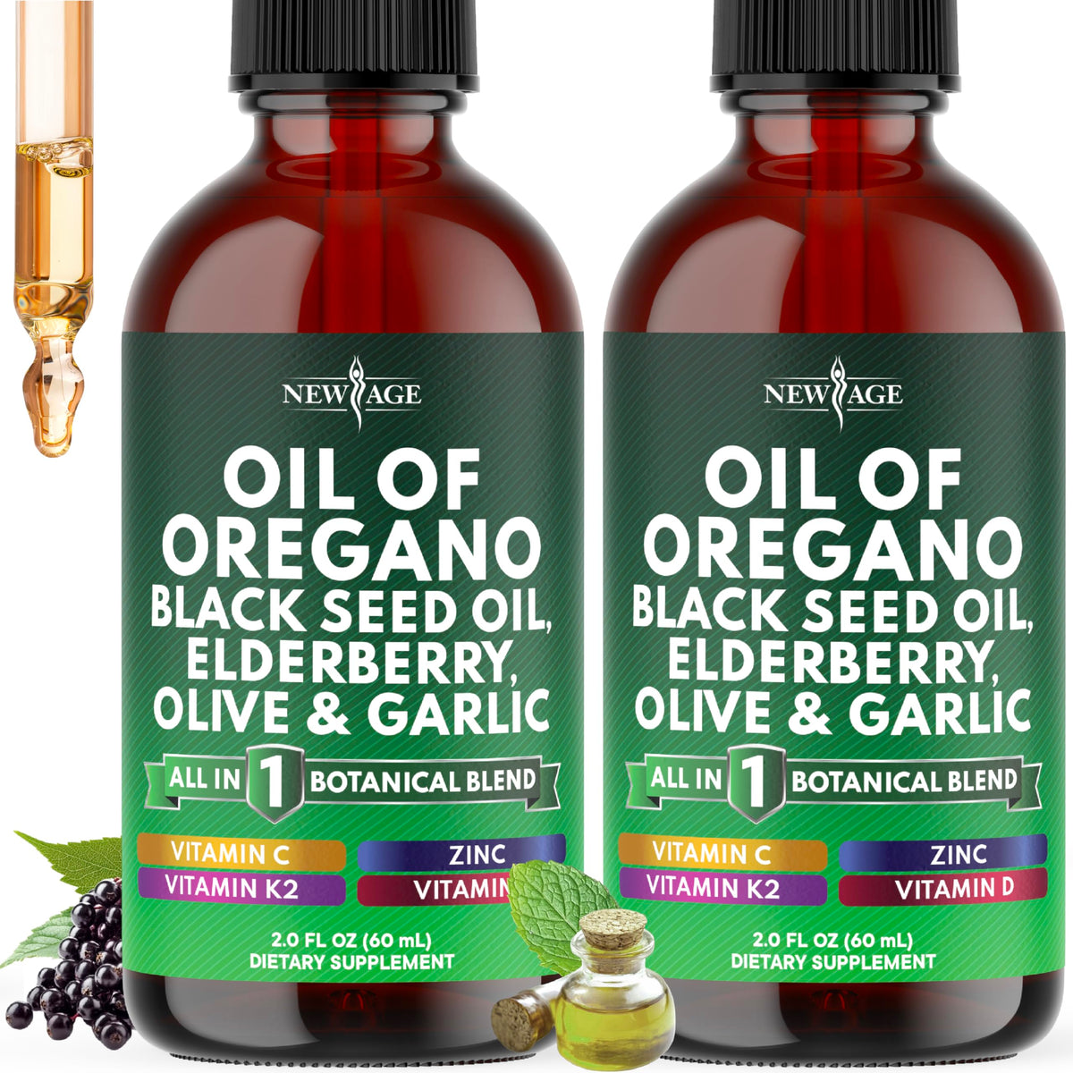 NEW AGE Oil of Oregano Drops bottle pouring for easy dosing.