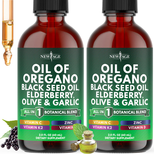 NEW AGE Oil of Oregano Drops bottle pouring for easy dosing.