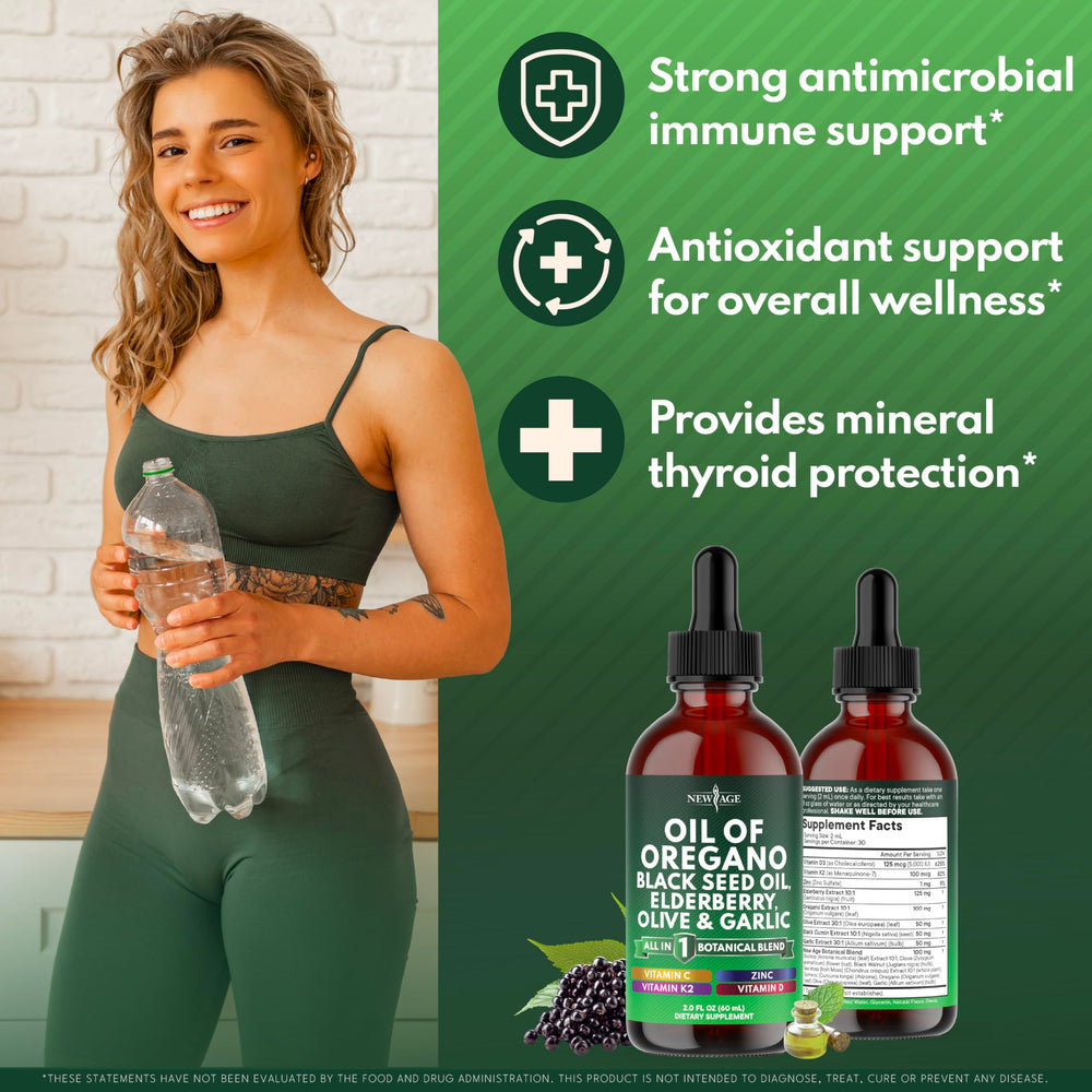 NEW AGE Oil of Oregano Drops elderberry blend bottle for plant-based support.