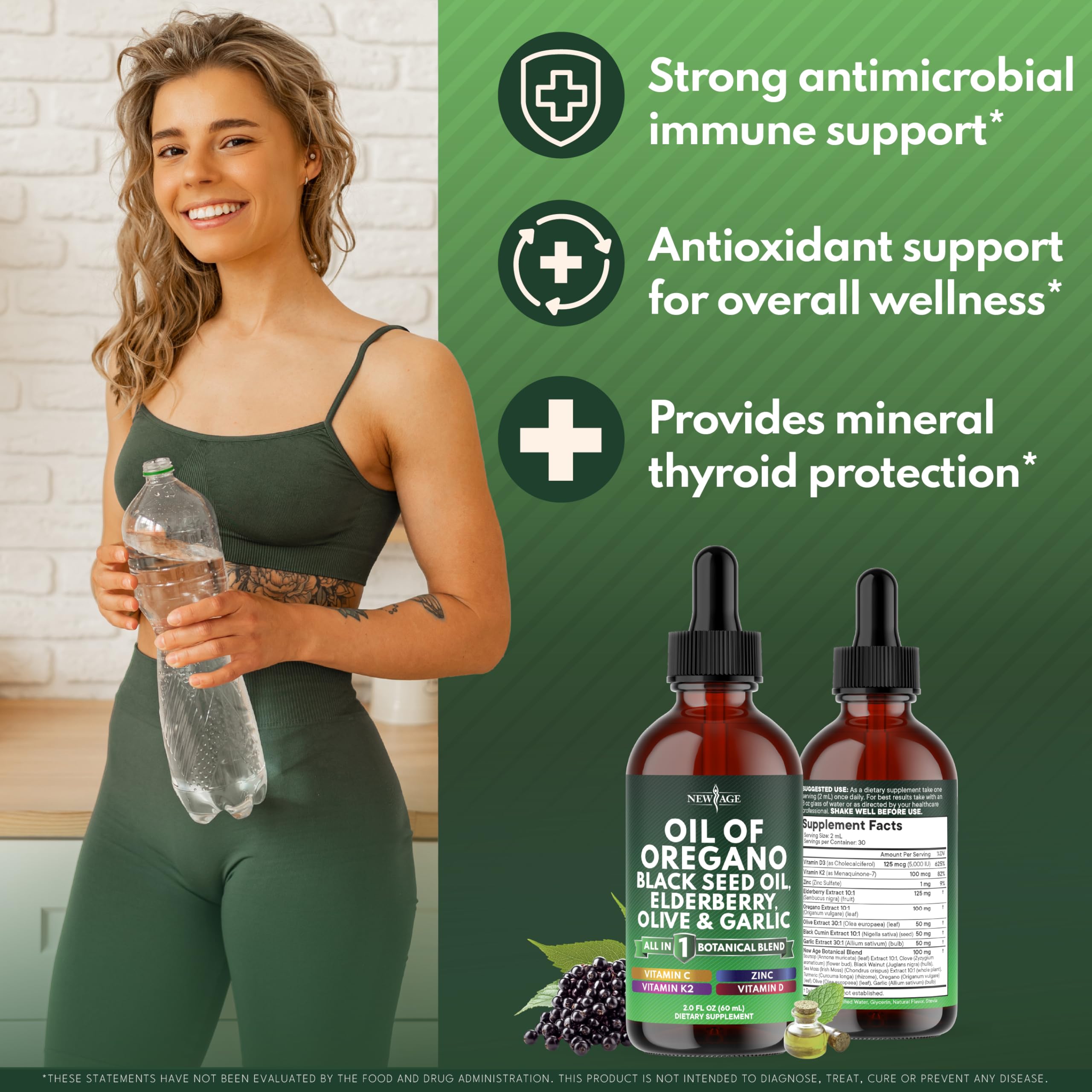 NEW AGE Oil of Oregano Drops label highlights elderberry and vitamins.