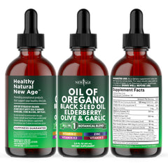 NEW AGE Oil of Oregano Drops label closeup showing clean, vegan formula.
