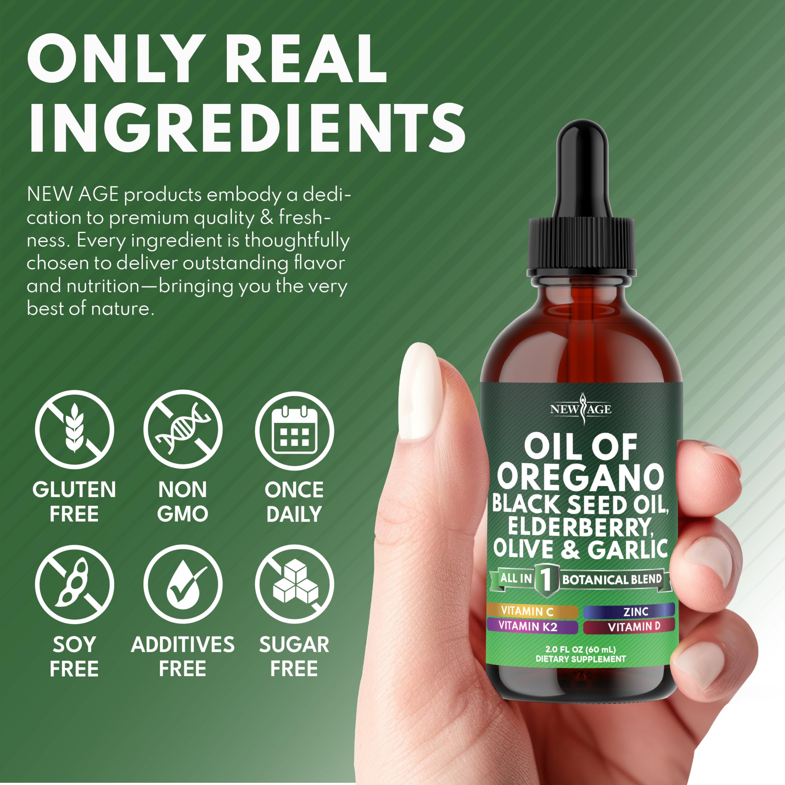 NEW AGE Oil of Oregano Drops image featuring olive leaf and garlic ingredients.