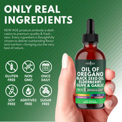 NEW AGE Oil of Oregano Drops image featuring olive leaf and garlic ingredients.