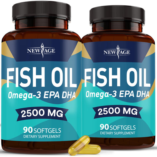 New Age Omega 3 fish oil softgels in bottle for easy daily intake