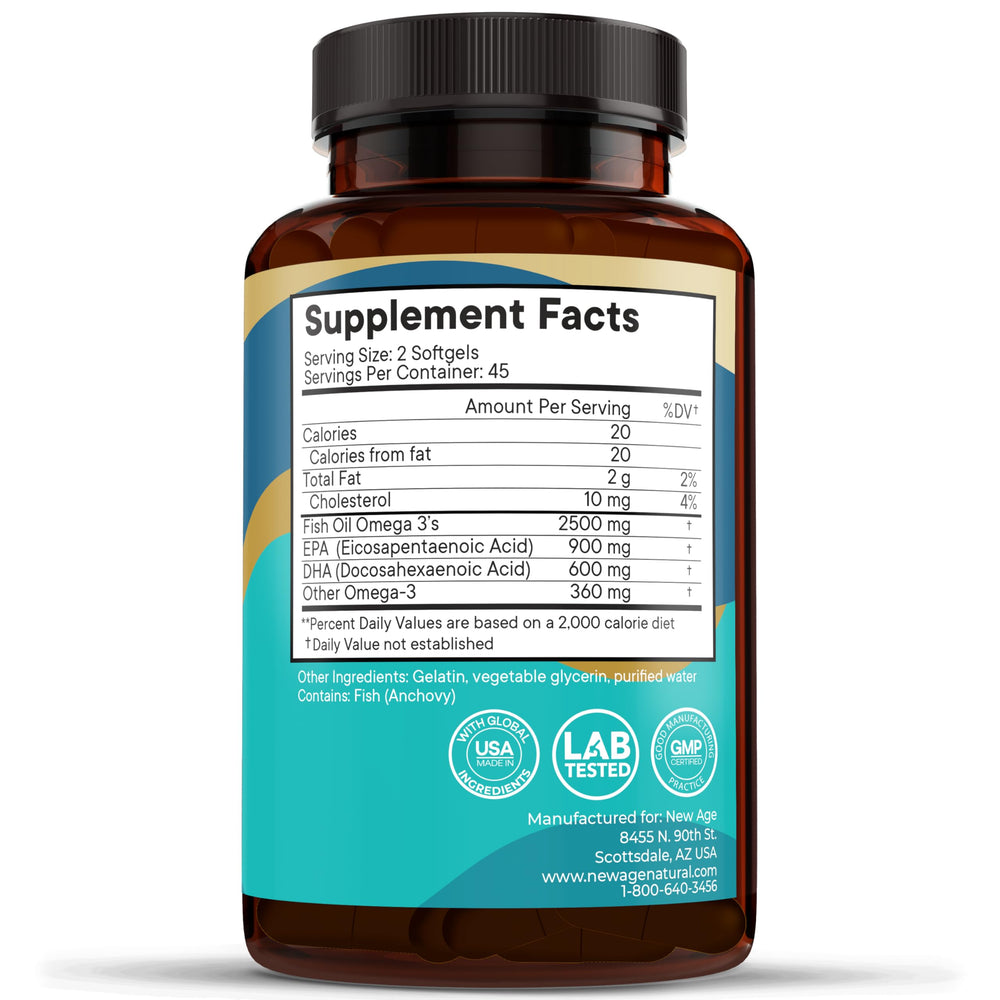 New Age Omega 3 softgels taken, ready to swallow