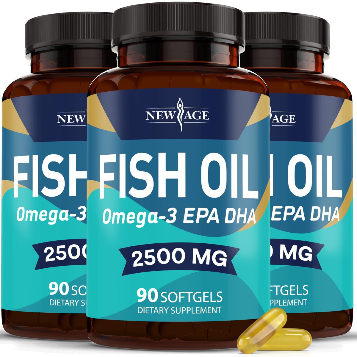 NEW AGE Omega 3 bottle front view, showcasing packaging and clarity for daily wellness.