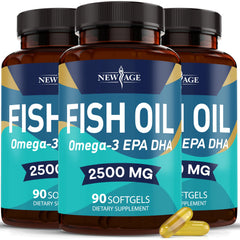 NEW AGE Omega 3 bottle front view, showcasing packaging and clarity for daily wellness.