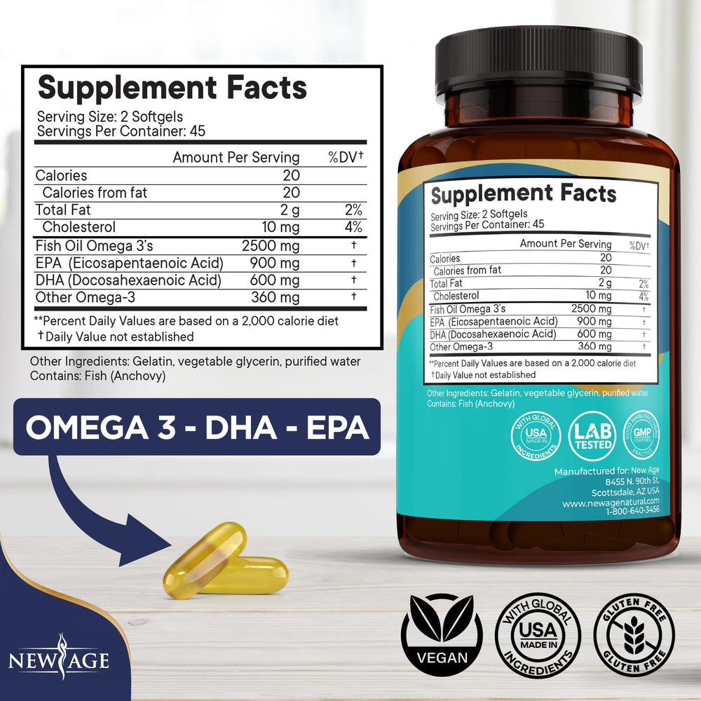 NEW AGE Omega 3 bottle label highlights non-GMO and gluten-free ingredients.