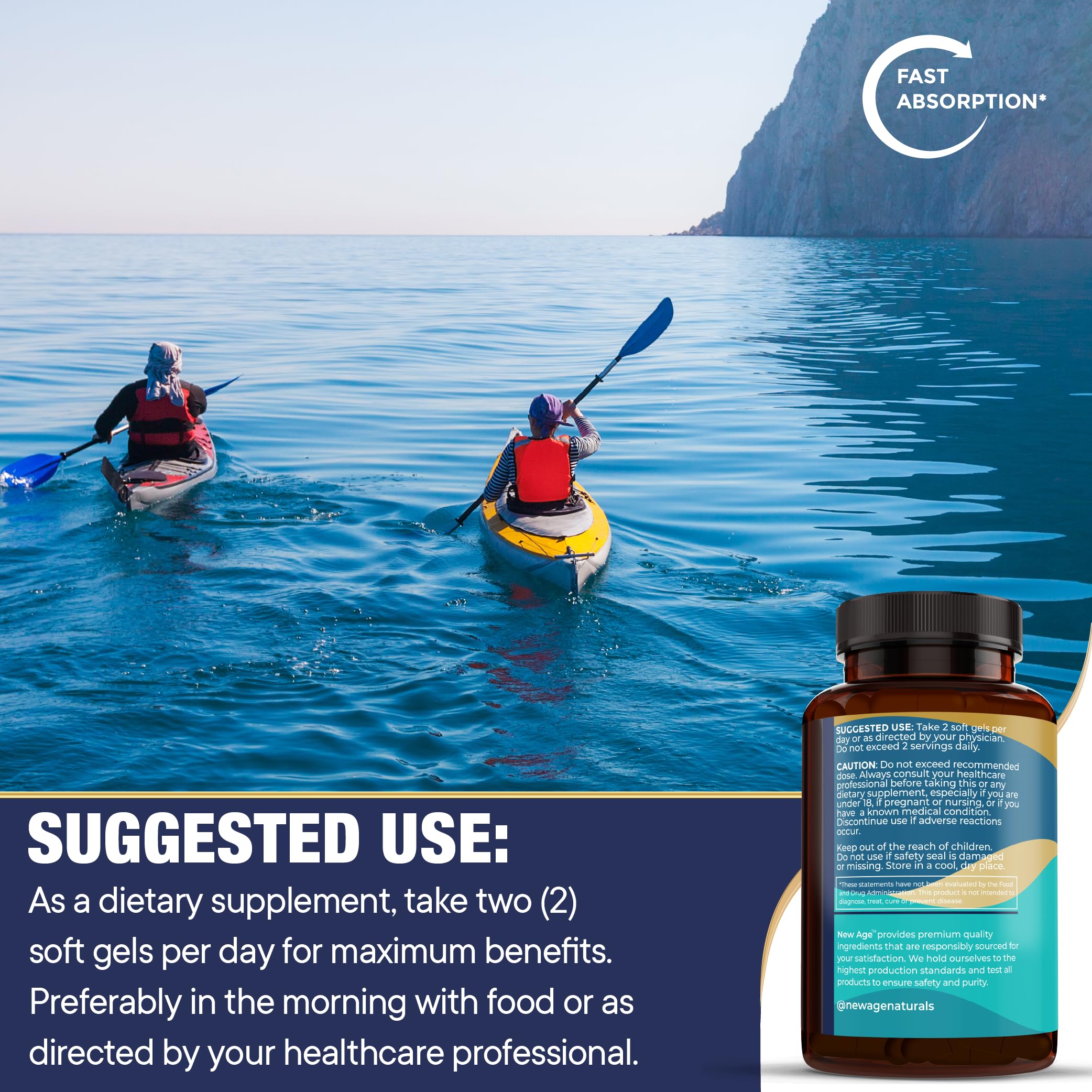 NEW AGE Omega 3 glass bottle sealed to emphasize purity.