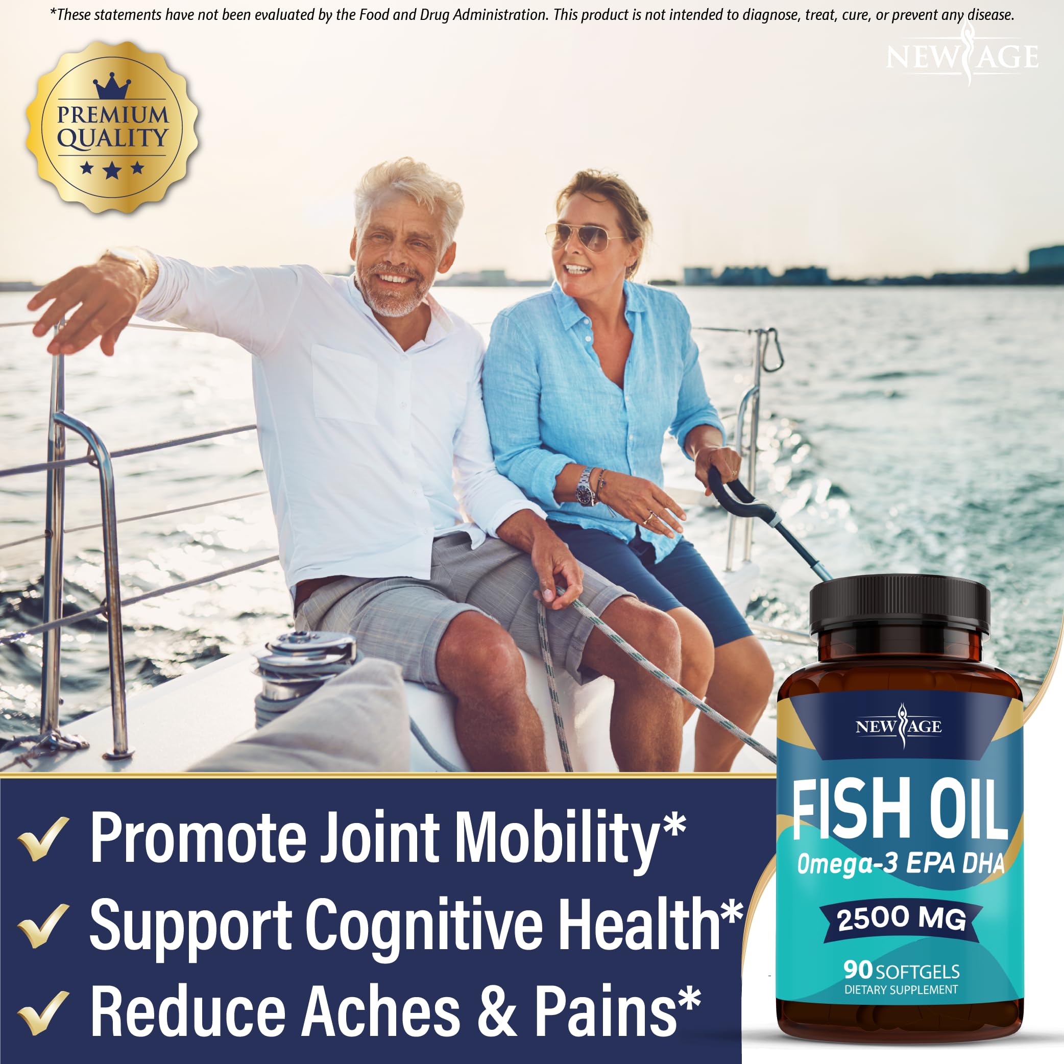 NEW AGE Omega 3 softgels closeup, smooth burpless formula for easy swallowing.