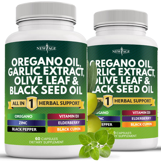 New Age oregano oil garlic extract bottle shows robust herbal blend for daily use.