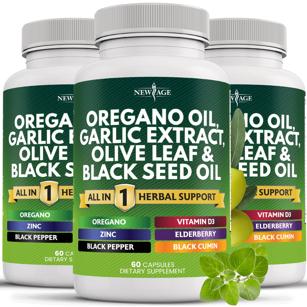 NEW AGE oregano oil garlic extract olive leaf bottle shows premium formula for daily wellness