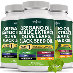 NEW AGE oregano oil garlic extract olive leaf bottle shows premium formula for daily wellness