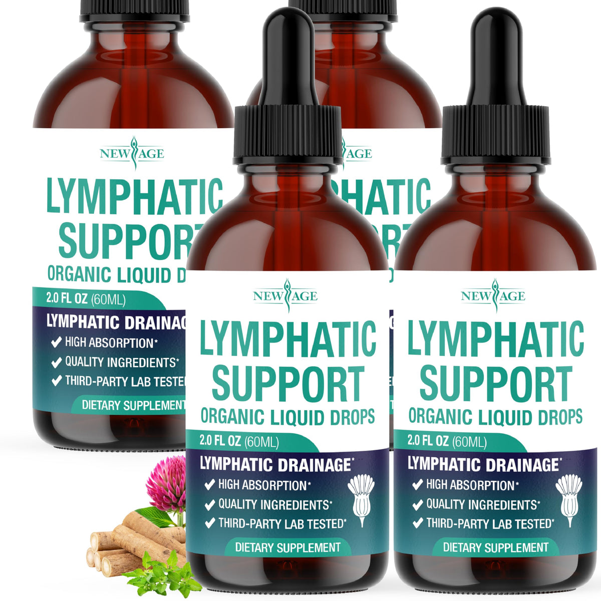 New Age Lymphatic Drainage Drops bottle showing herbal blend for daily wellness