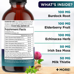 New Age Organic Lymphatic Drainage Drops ingredients panel features elderberry and burdock root