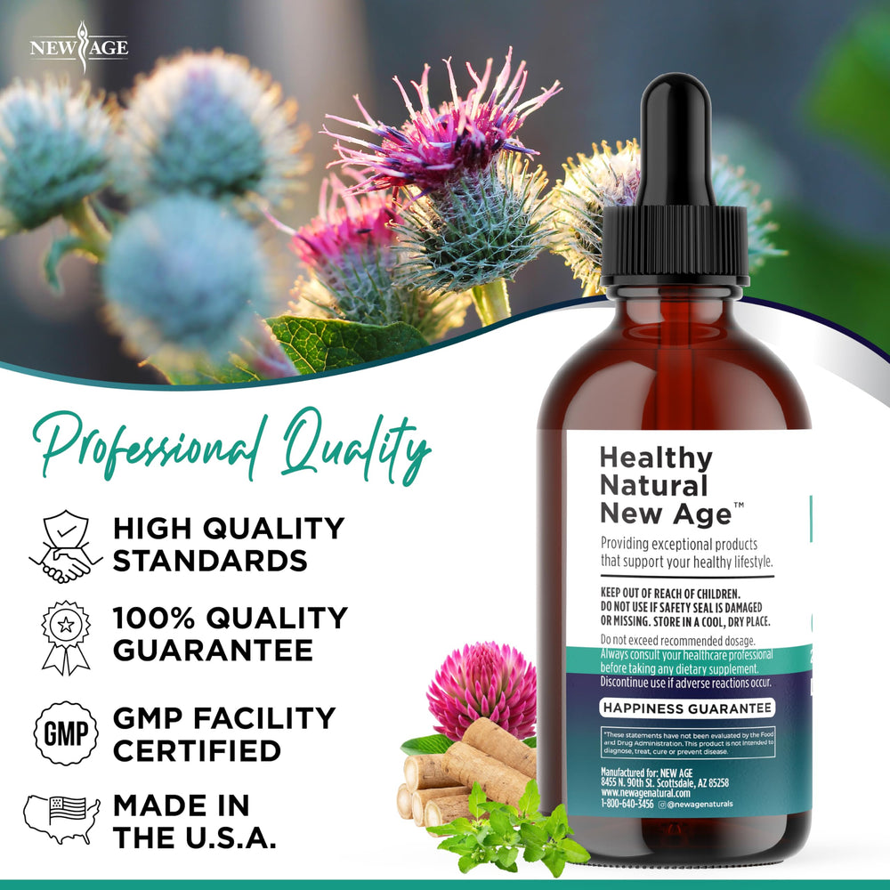 New Age Lymphatic Drainage Drops packaging box highlights vegan, alcohol-free formula