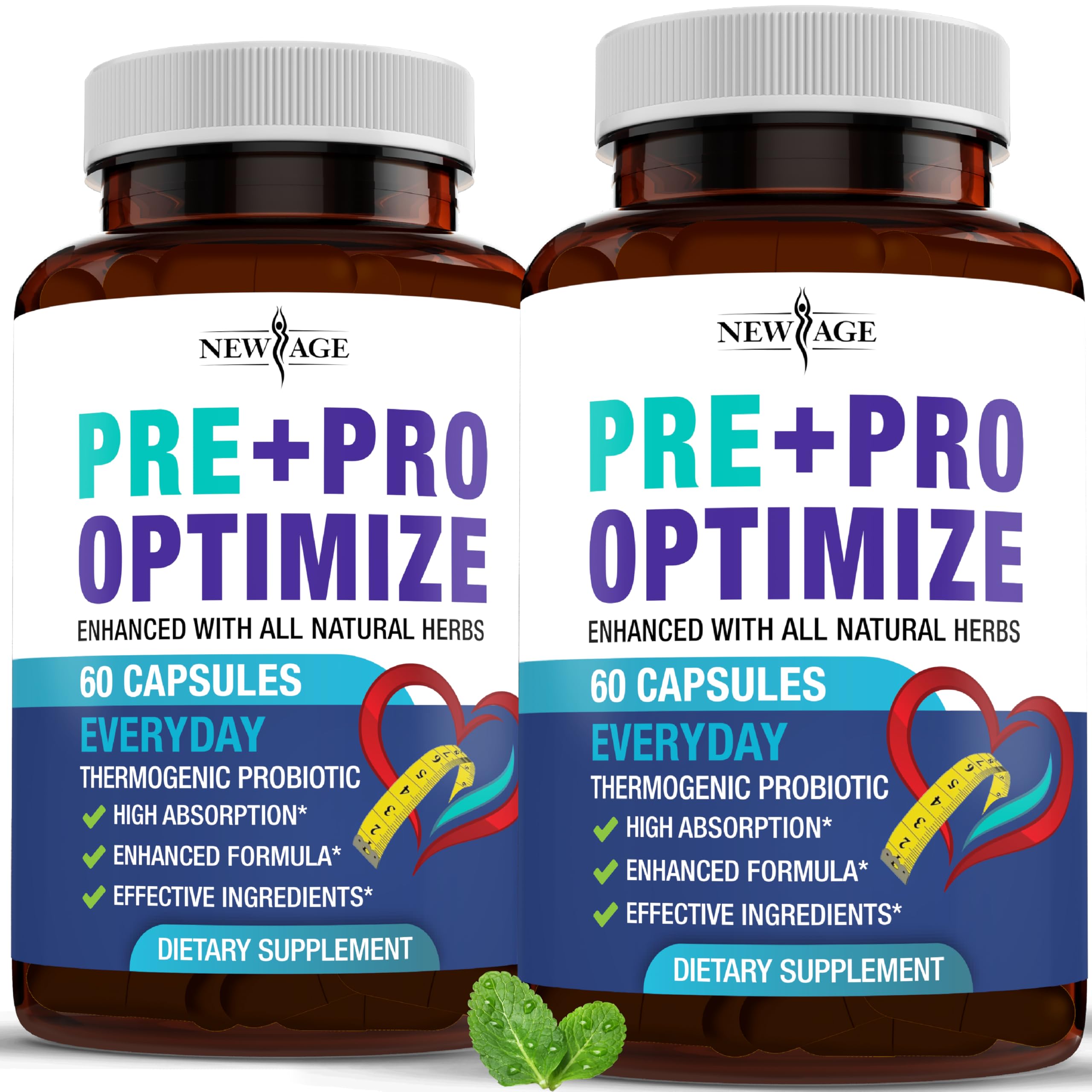 NEW AGE Pro Optimize bottle label shows the probiotic blend for gut and menopause support.