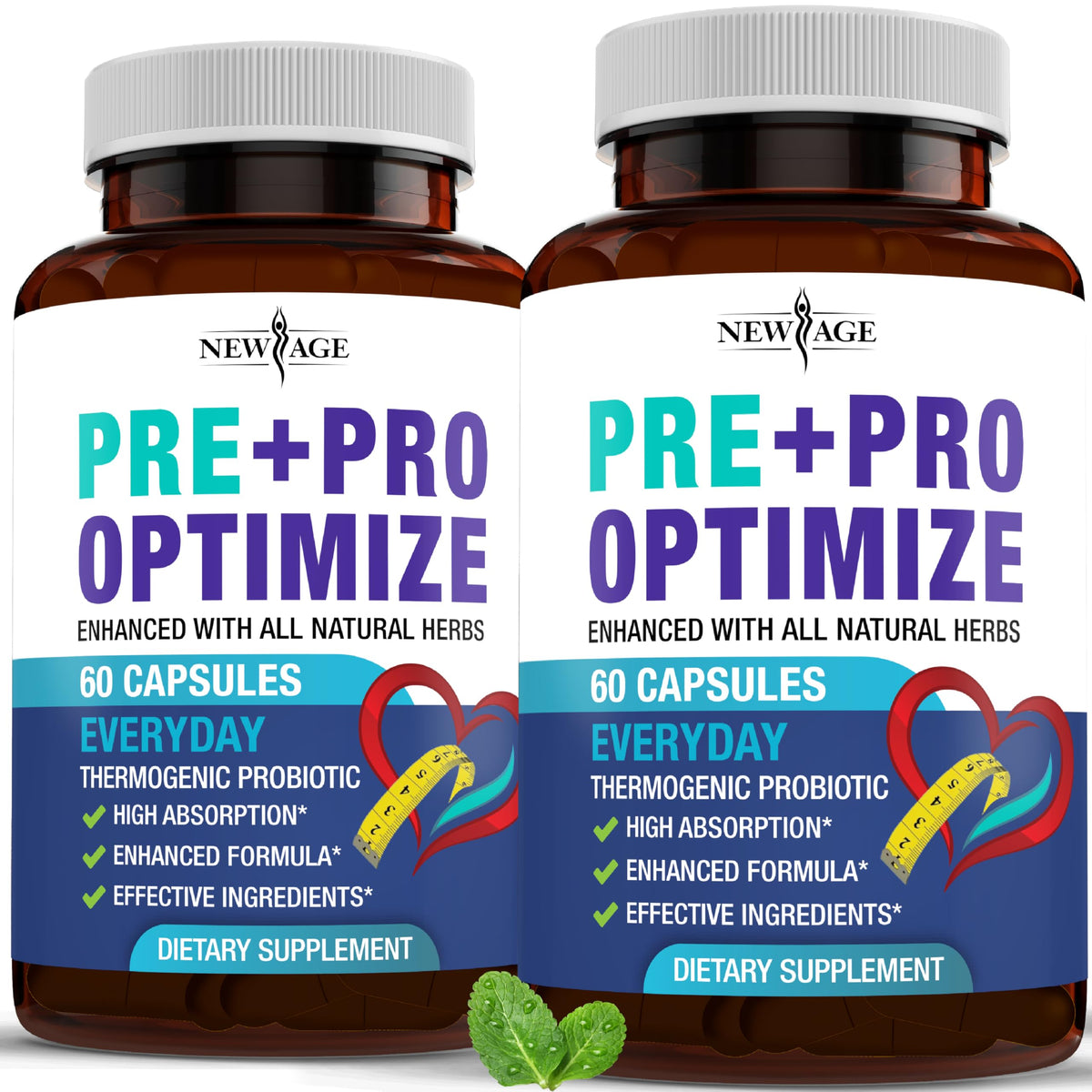 NEW AGE Pro Optimize bottle label shows the probiotic blend for gut and menopause support.