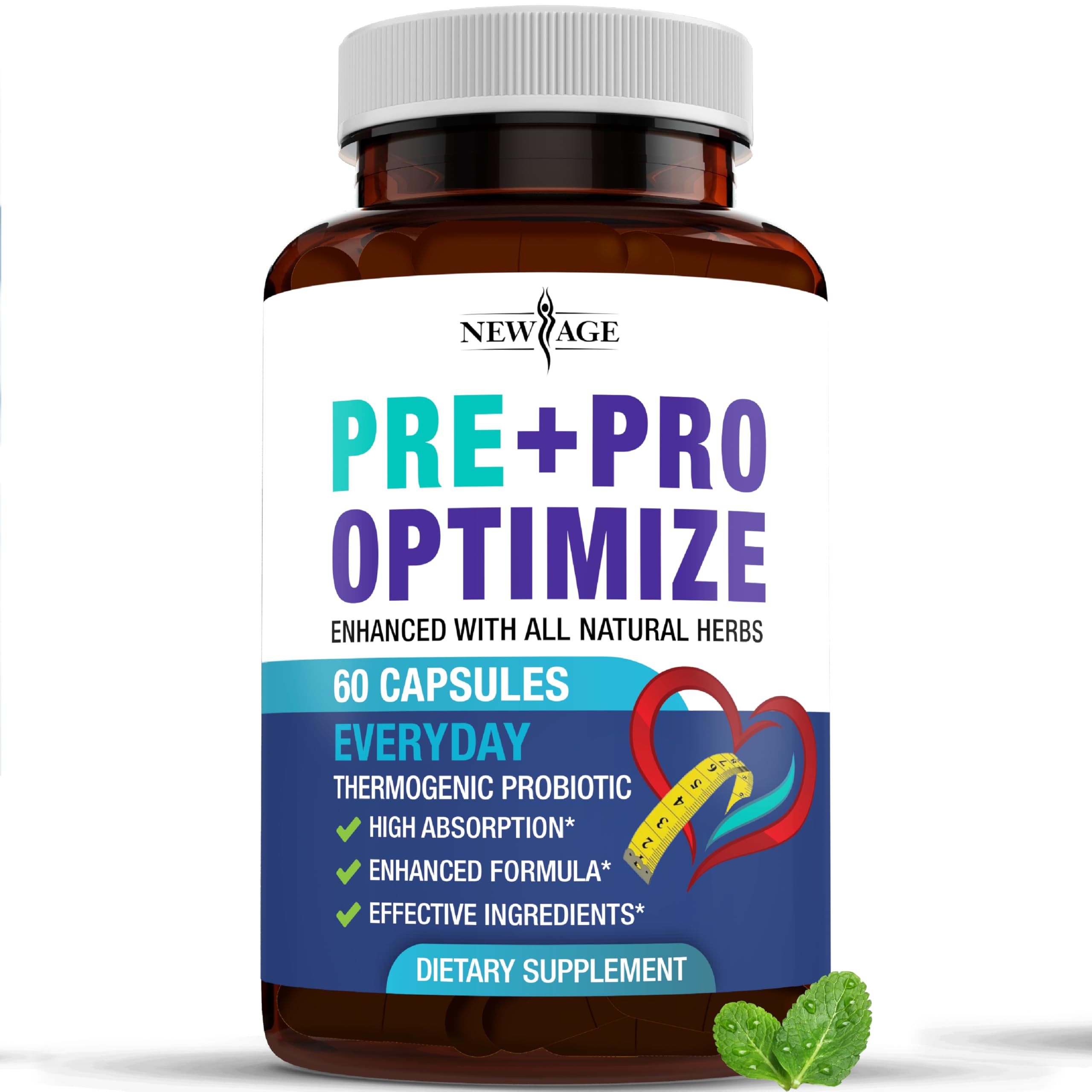 New Age Pro Optimize probiotics bottle showing 70B CFU for digestive health