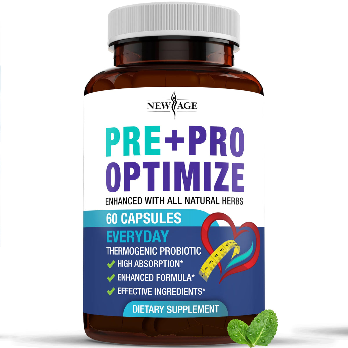 New Age Pro Optimize probiotics bottle showing 70B CFU for digestive health